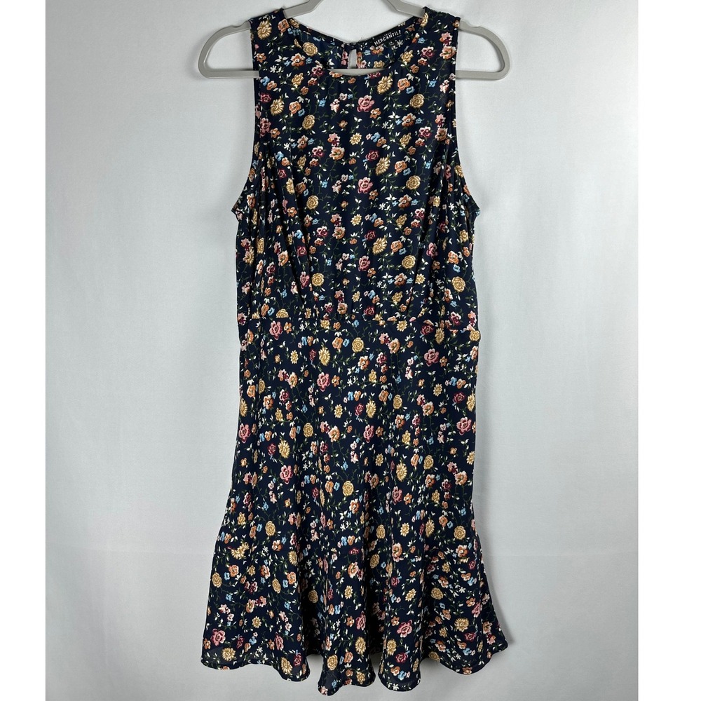J.Crew Mercantile Sleeveless Floral Dress 14 Navy Ruffle Hem Cottage Romantic